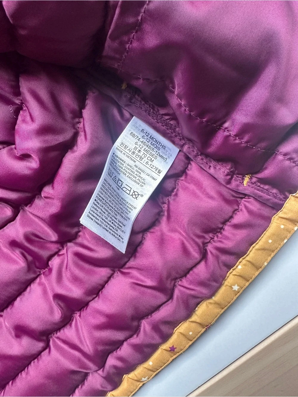 Baby Gap Golden Yellow ColdControl Puffer Jacket Zip Up Hood Pink Stars 6-12m